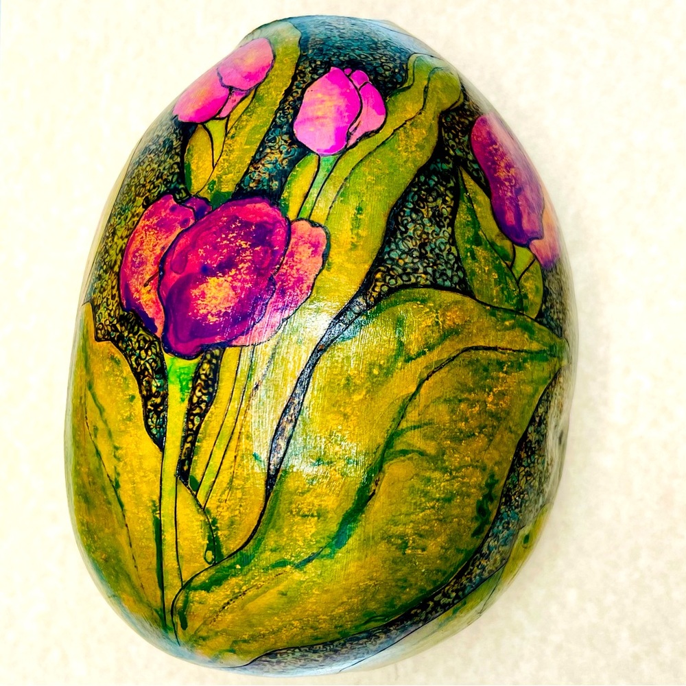 Hand Crafted Wall Pocket Pink Purple Tulips Original Gourd Art Air Plant Holder - Picture 16 of 17